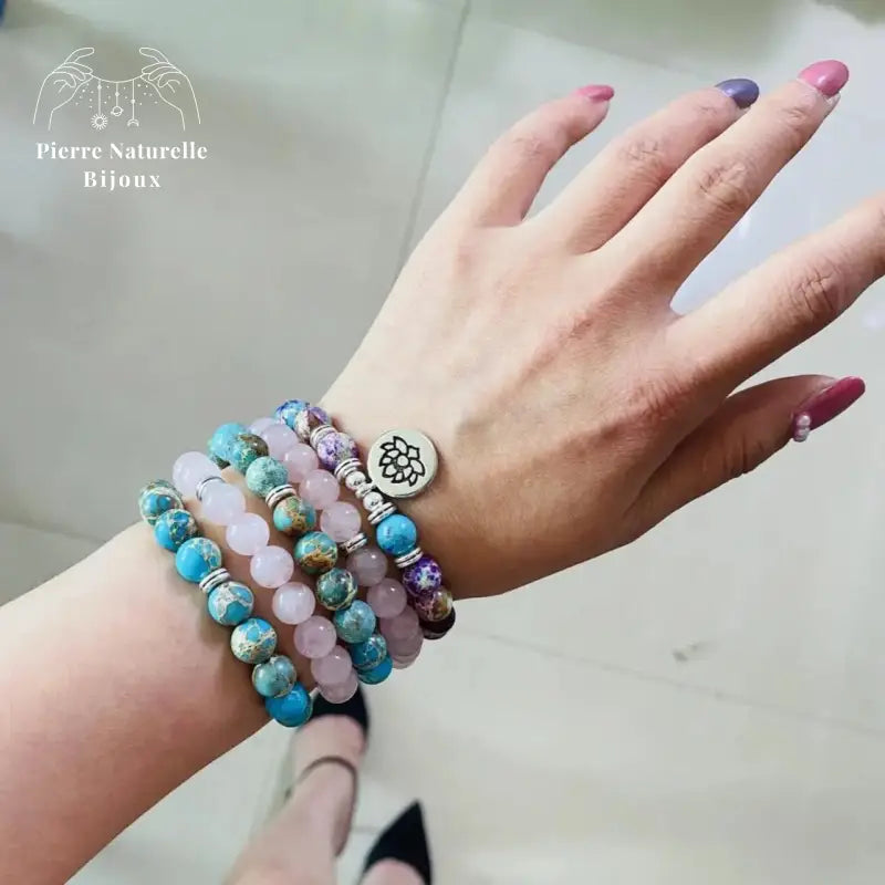 Bracelet mala en Quartz rose, Amazonite, Jaspe impérial et Turquoise | Bracelets | pierre naturelle bijoux