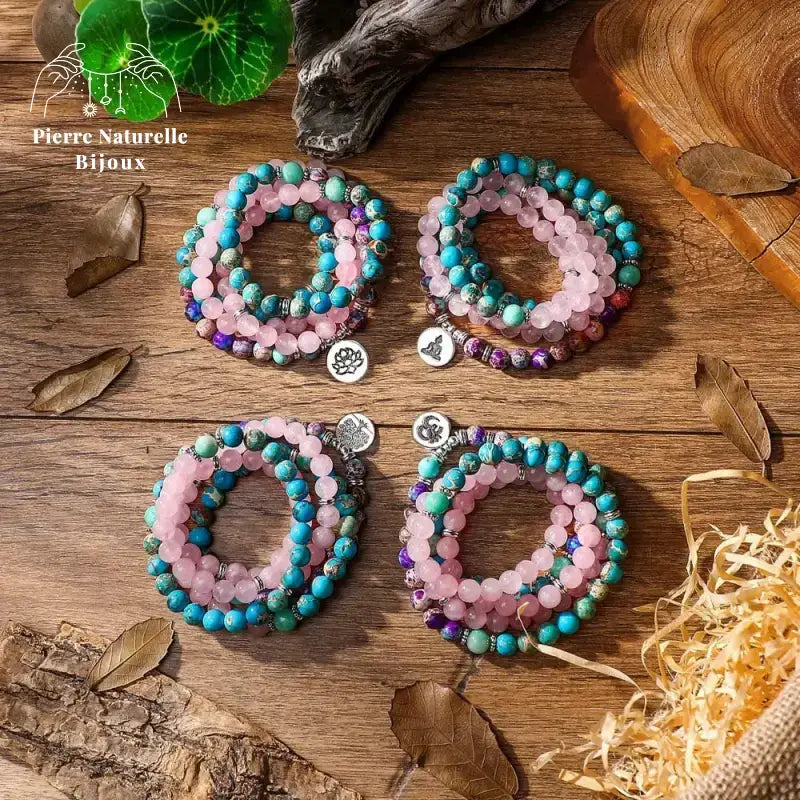 Bracelet mala en Quartz rose, Amazonite, Jaspe impérial et Turquoise | Bracelets | pierre naturelle bijoux