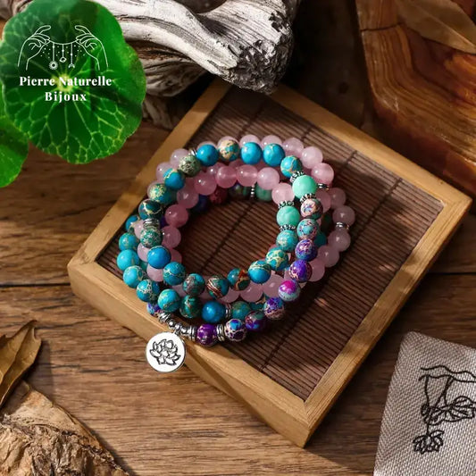 Bracelet mala en Quartz rose, Amazonite, Jaspe impérial et Turquoise | Bracelets | pierre naturelle bijoux