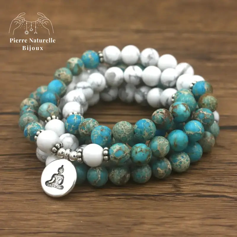 Bracelet mala en Turquoise et Howlite avec charm bouddha