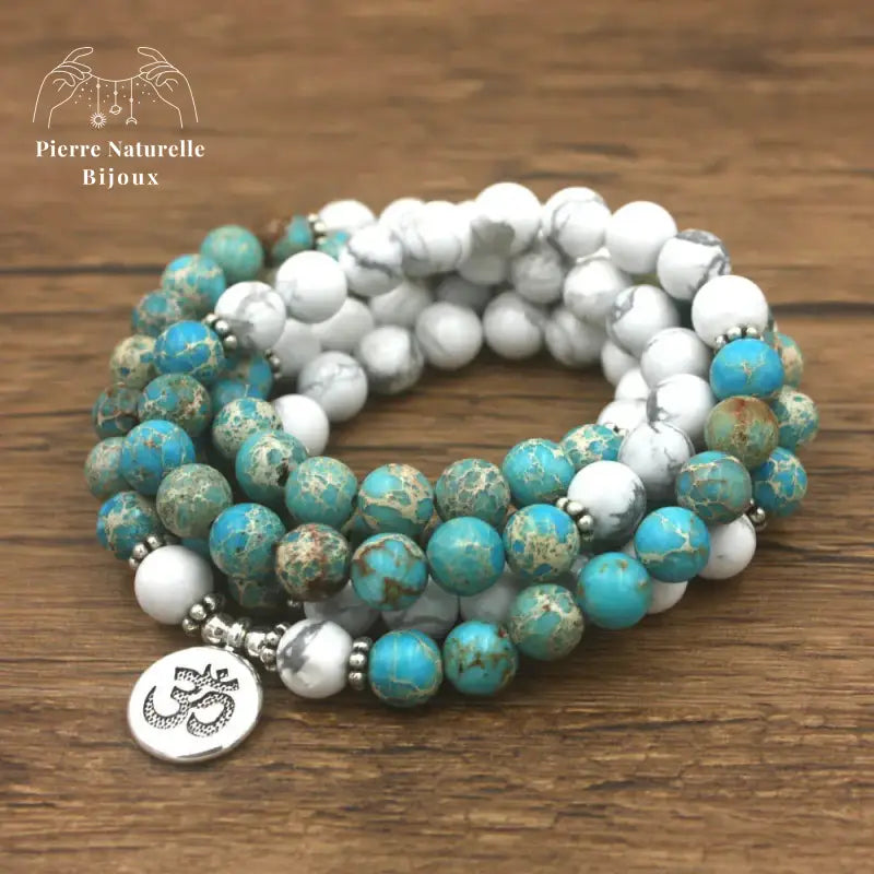 Bracelet mala en Turquoise et Howlite avec charm om