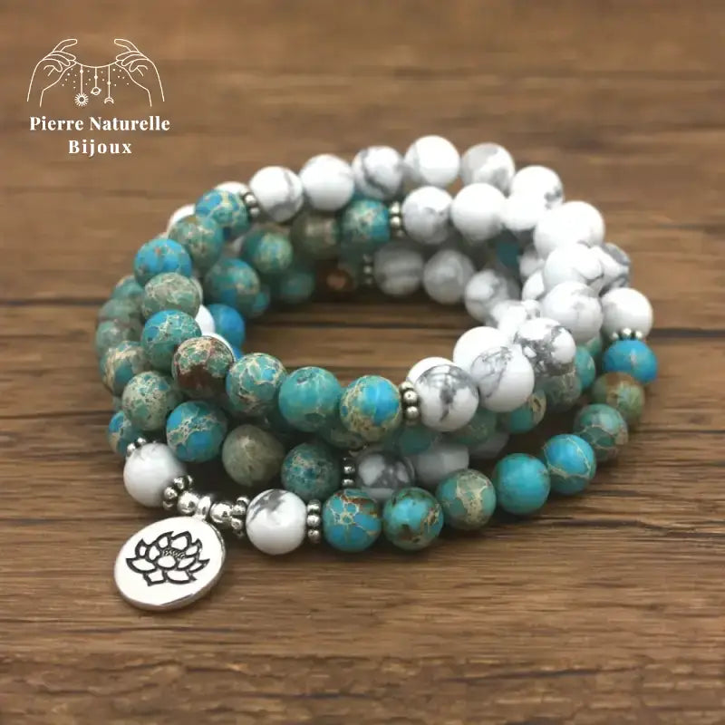 Bracelet mala en Turquoise et Howlite avec charm lotus