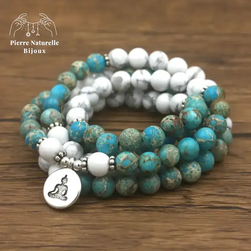Bracelet mala en Turquoise et Howlite avec charm bouddha