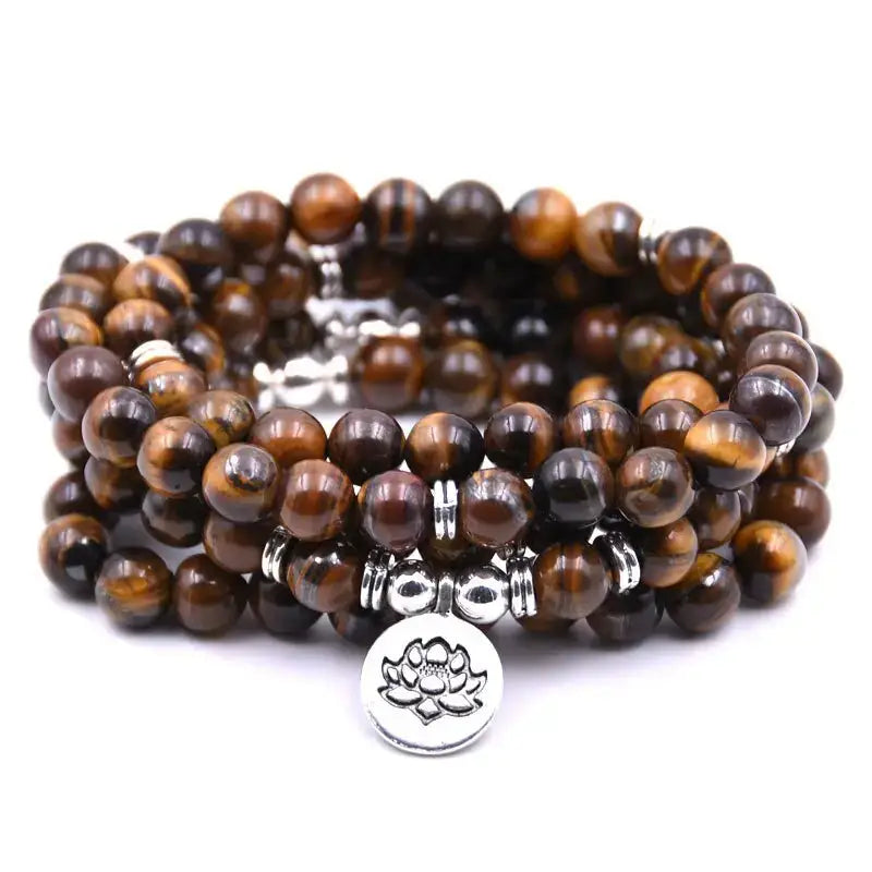 Bracelet mala œil de tigre avec charm Lotus / Om