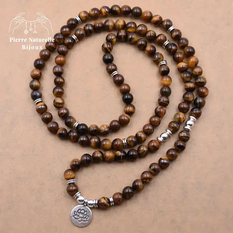 Bracelet mala œil de tigre avec charm Lotus / Om | Bracelets | pierre naturelle bijoux