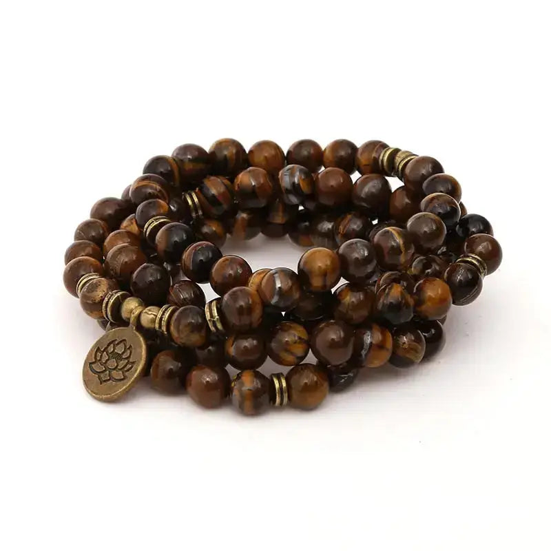 Bracelet mala œil de tigre avec charm Lotus / Om / Bouddha | Bracelets | pierre naturelle bijoux