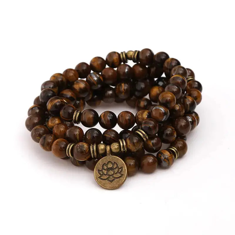 Bracelet mala œil de tigre avec charm Lotus / Om / Bouddha | Bracelets | pierre naturelle bijoux