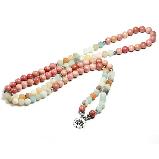 Bracelet mala "Lotus" en Rhodochrosite et Amazonite avec charm | Bracelets | pierre naturelle bijoux