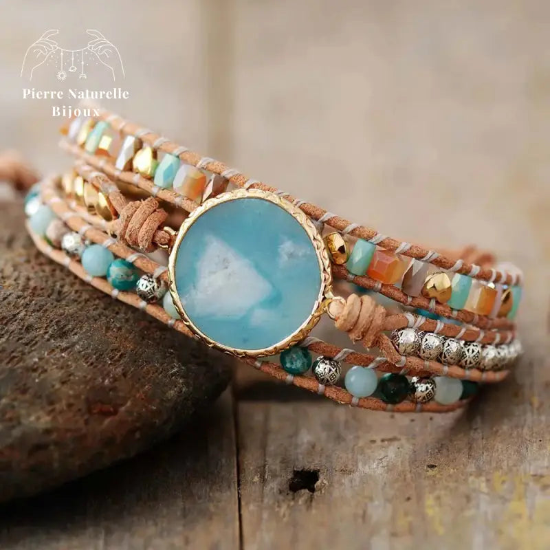Bracelet wrap "Réjouissance" en Amazonite et Cristal | Bracelets | pierre naturelle bijoux