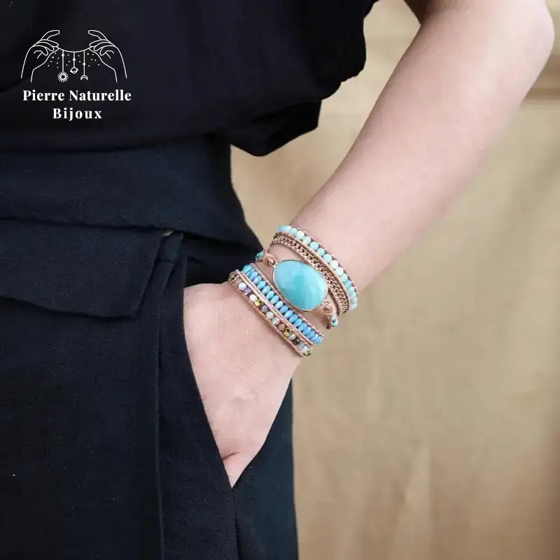 Bracelet wrap "Transformation" en Amazonite et Cristal | Bracelets | pierre naturelle bijoux