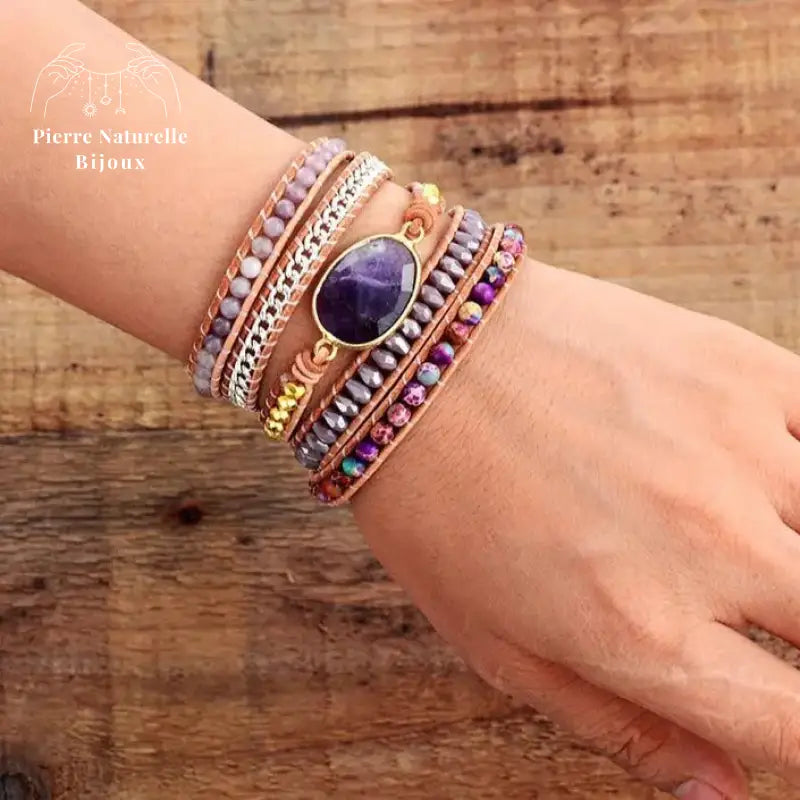 Bracelet wrap en Améthyste, Jaspe impérial et Cristal | Bracelets | pierre naturelle bijoux