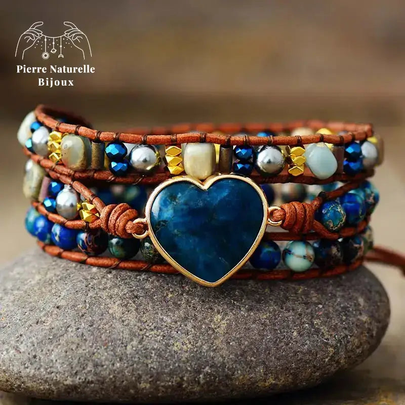 Bracelet wrap "Cœur" en Apatite, Cristal et Quartz | Bracelets | pierre naturelle bijoux