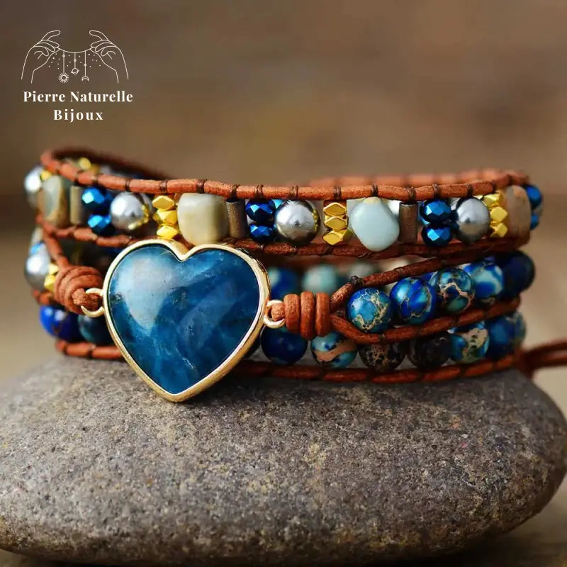Bracelet wrap "Cœur" en Apatite, Cristal et Quartz | Bracelets | pierre naturelle bijoux