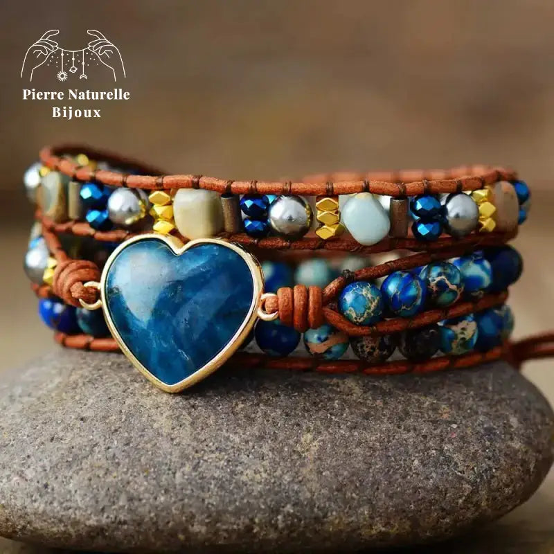 Bracelet wrap "Cœur" en Apatite, Cristal et Quartz | Bracelets | pierre naturelle bijoux