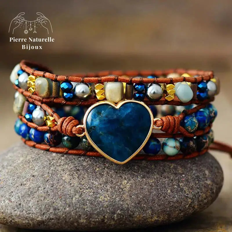 Bracelet wrap "Cœur" en Apatite, Cristal et Quartz | Bracelets | pierre naturelle bijoux