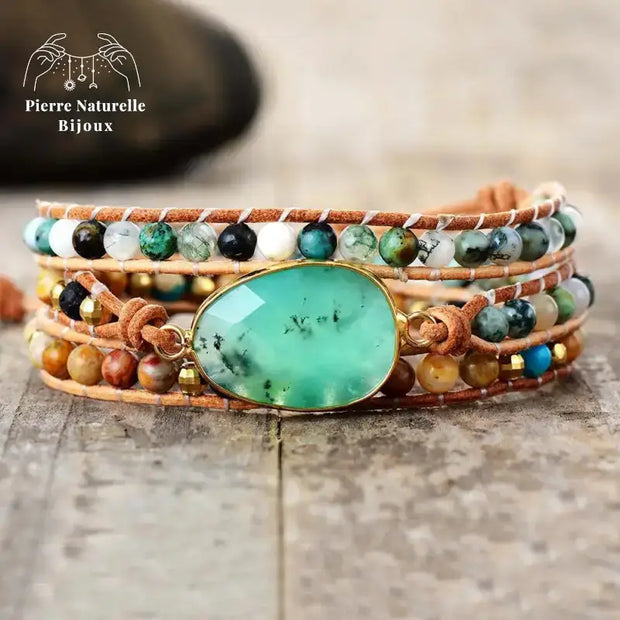 Bracelet wrap en Jade, Turquoise africaine et Pierre de lave