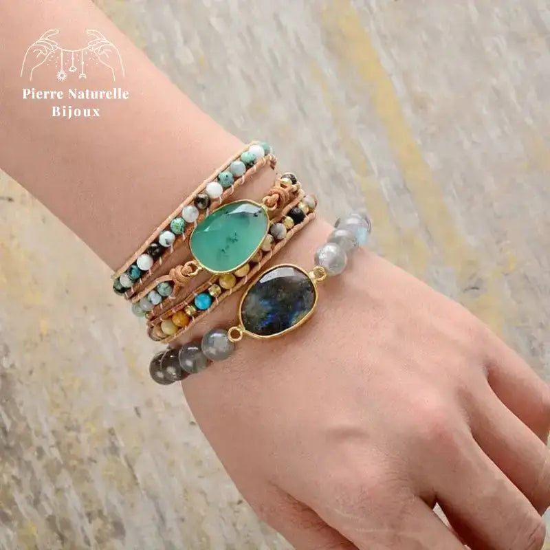Bracelet wrap en Jade, Turquoise africaine et Pierre de lave | Bracelets | pierre naturelle bijoux