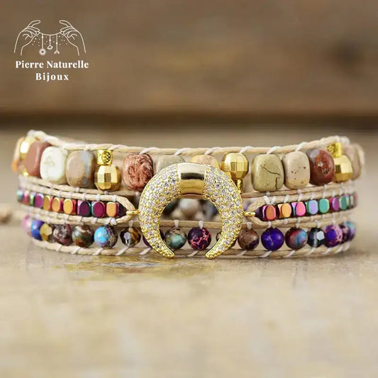 Bracelet wrap en Jaspe impérial et Jaspe paysage