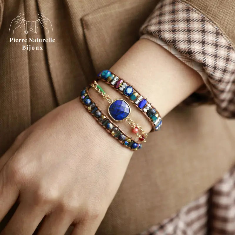Bracelet wrap en Lapis-lazuli, Cristal et Turquoise | Bracelets | pierre naturelle bijoux