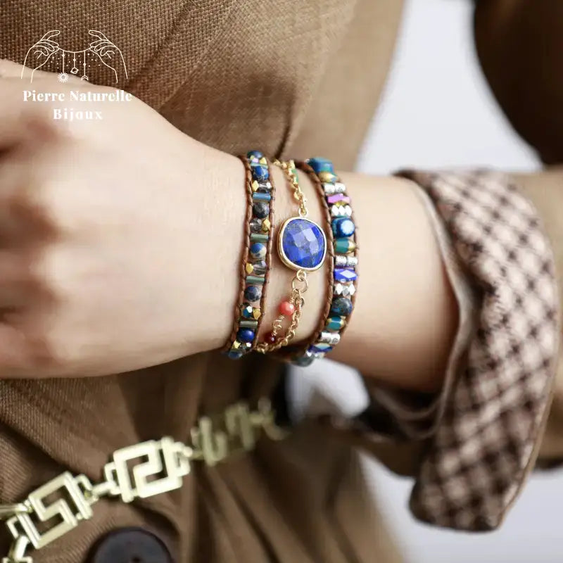 Bracelet wrap en Lapis-lazuli, Cristal et Turquoise | Bracelets | pierre naturelle bijoux
