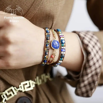 Bracelet wrap en Lapis-lazuli, Cristal et Turquoise | Bracelets | pierre naturelle bijoux