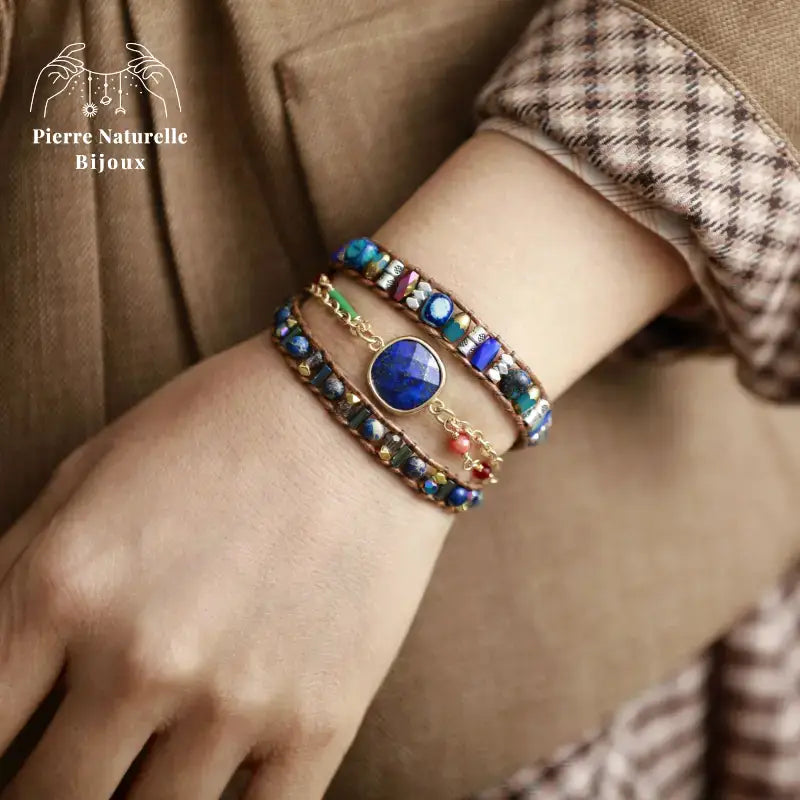Bracelet wrap en Lapis-lazuli, Cristal et Turquoise | Bracelets | pierre naturelle bijoux