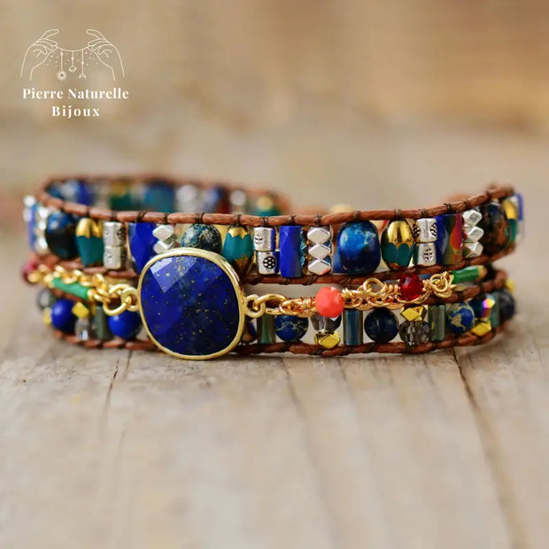 Bracelet wrap en Lapis-lazuli, Cristal et Turquoise | Bracelets | pierre naturelle bijoux