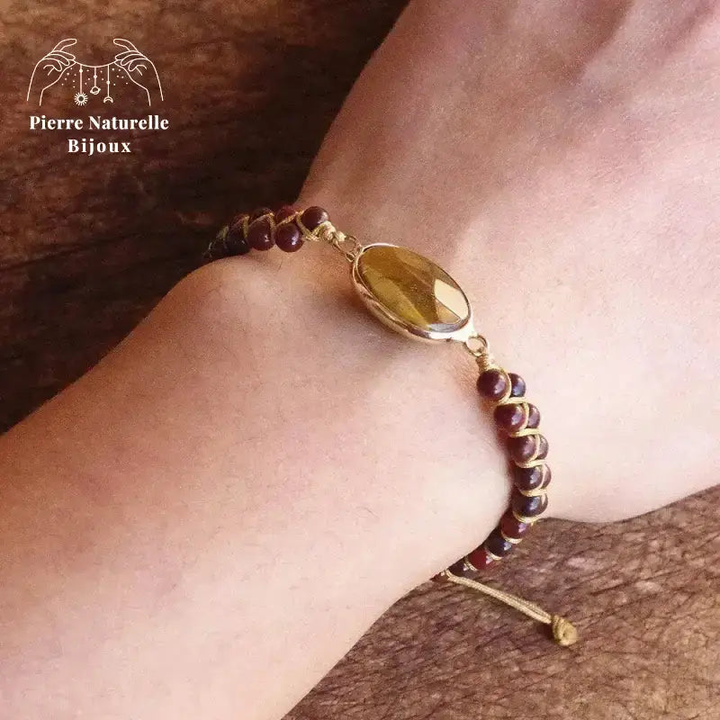Bracelet wrap "Gardien" en il de tigre et Jaspe rouge | Bracelets | pierre naturelle bijoux
