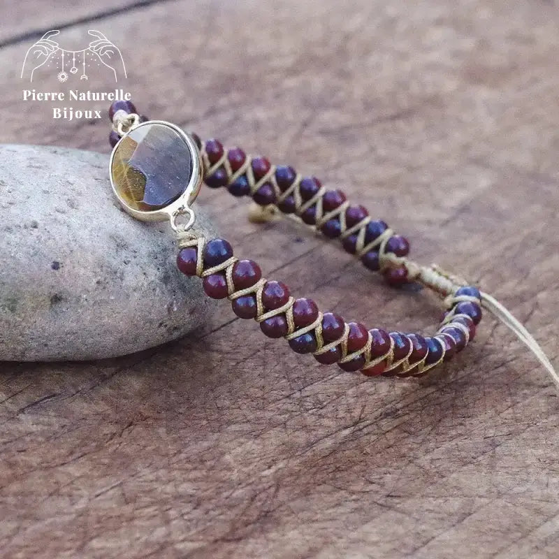 Bracelet wrap "Gardien" en œil de tigre et Jaspe rouge | Bracelets | pierre naturelle bijoux