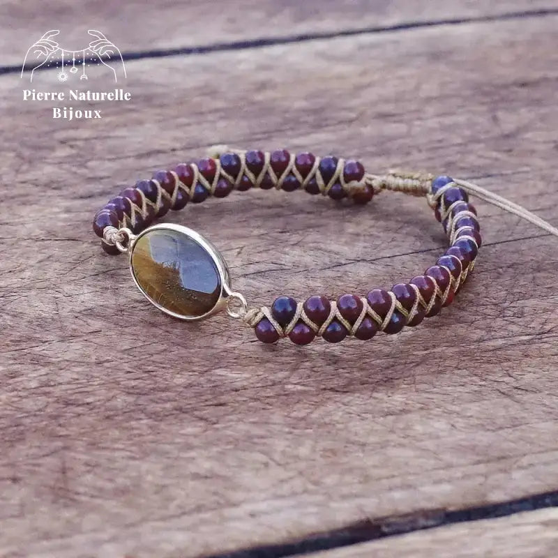 Bracelet wrap "Gardien" en il de tigre et Jaspe rouge | Bracelets | pierre naturelle bijoux