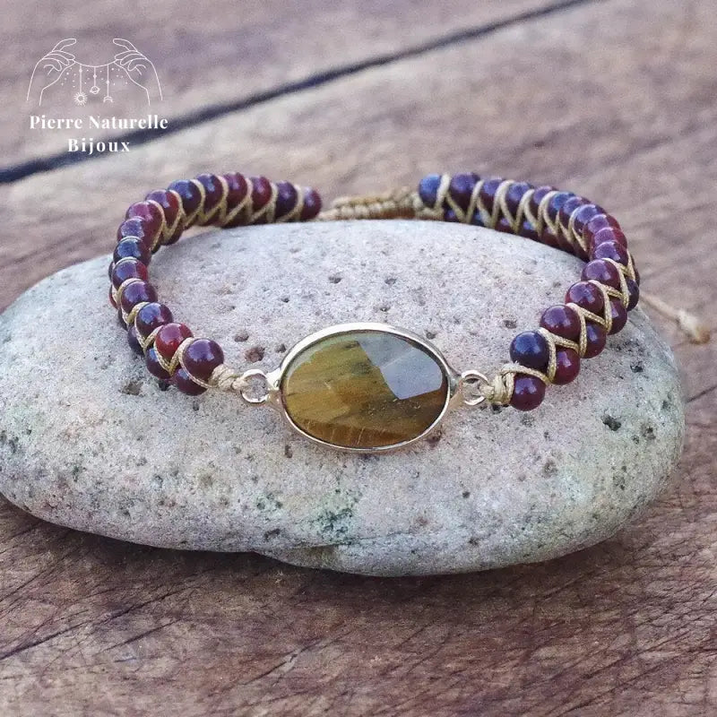 Bracelet wrap "Gardien" en œil de tigre et Jaspe rouge | Bracelets | pierre naturelle bijoux