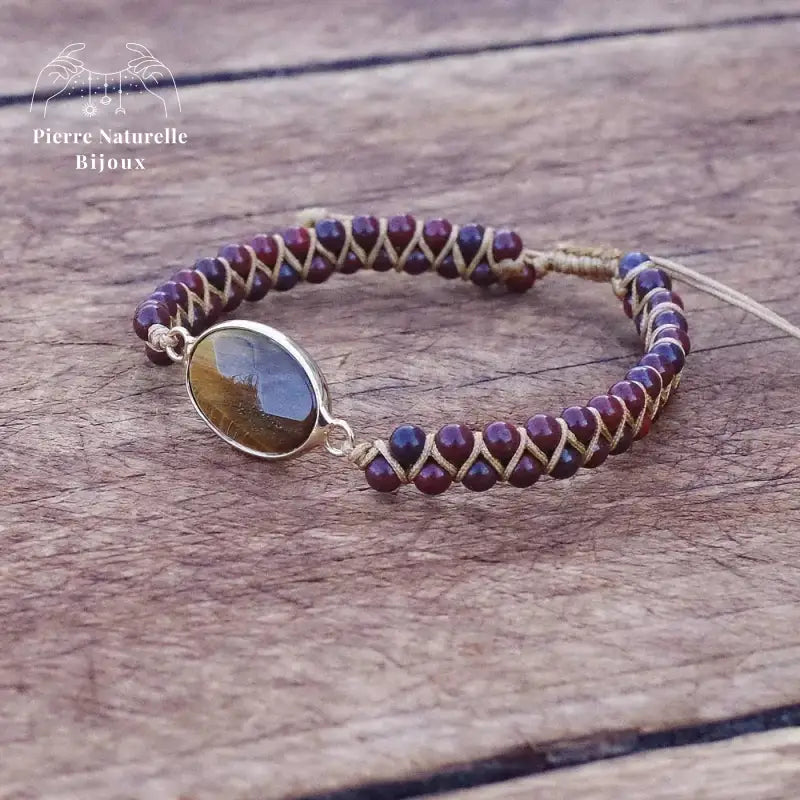 Bracelet wrap "Gardien" en il de tigre et Jaspe rouge | Bracelets | pierre naturelle bijoux