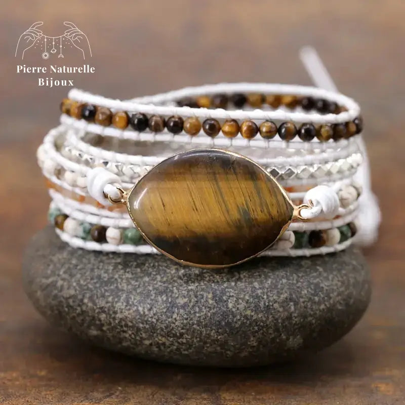 Bracelet wrap "Evolution" en œil de tigre cordon blanc