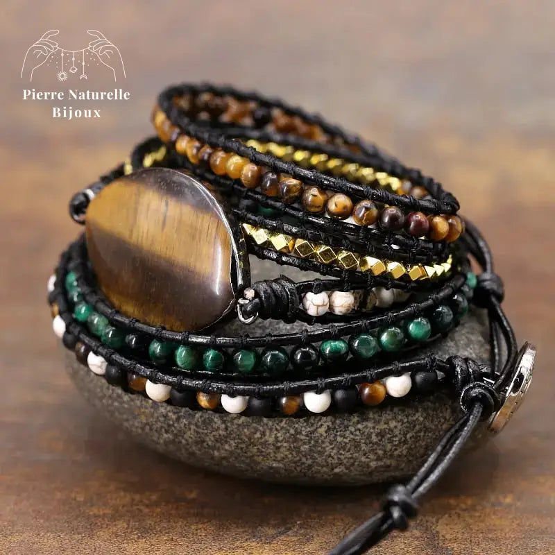 Bracelet wrap "Evolution" en œil de tigre cordon noir