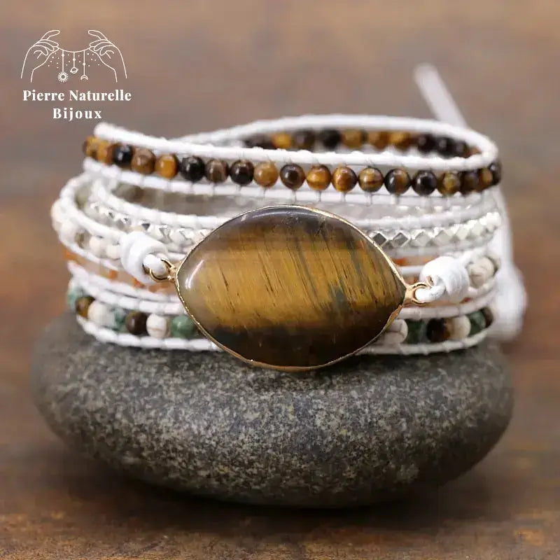 Bracelet wrap "Evolution" en œil de tigre cordon blanc