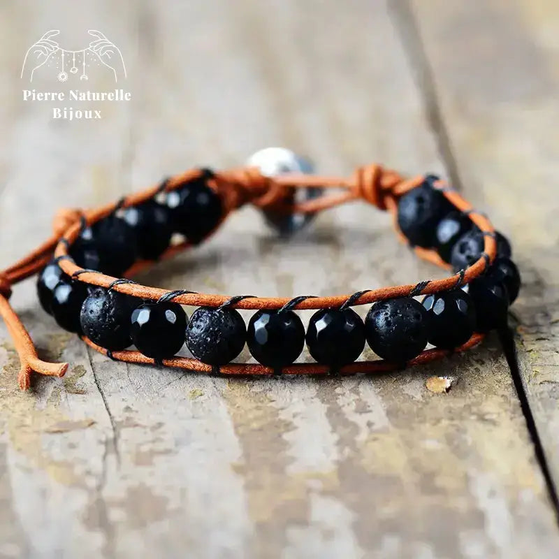 Bracelet wrap "Vigueur" en Pierre de lave et Onyx | Bracelets | pierre naturelle bijoux