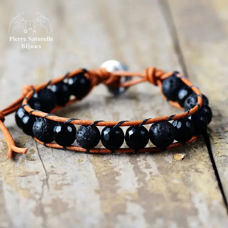 Bracelet wrap "Vigueur" en Pierre de lave et Onyx | Bracelets | pierre naturelle bijoux