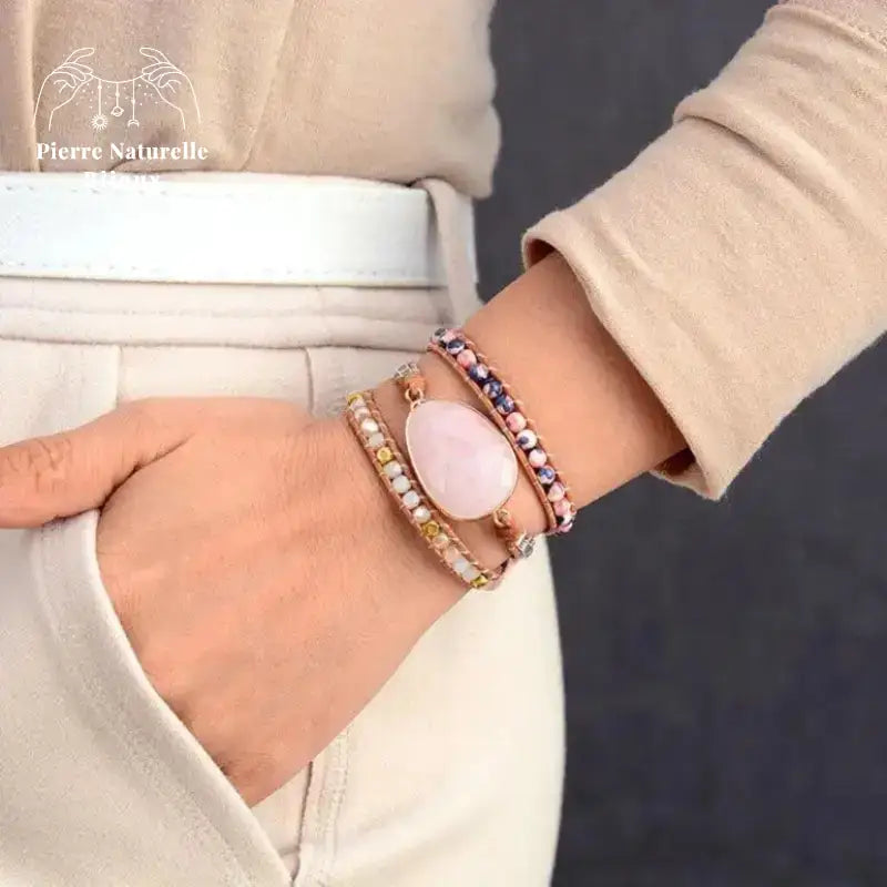 Bracelet wrap "Croissance" en Quartz rose et Cristal | Bracelets | pierre naturelle bijoux