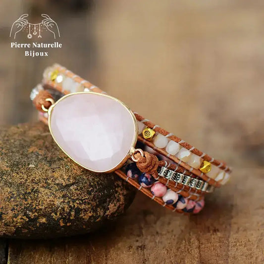 Bracelet wrap "Croissance" en Quartz rose et Cristal | Bracelets | pierre naturelle bijoux