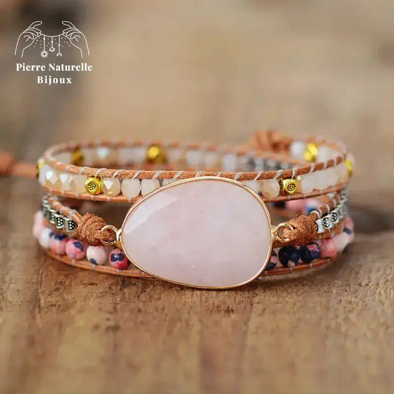 Bracelet wrap "Croissance" en Quartz rose et Cristal | Bracelets | pierre naturelle bijoux