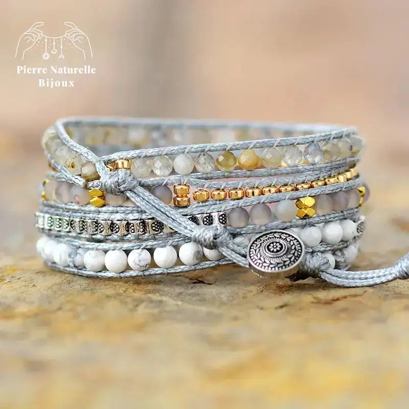 Bracelet wrap "Célébrité" en Quartz rose, Labradorite et Howlite | Bracelets | pierre naturelle bijoux