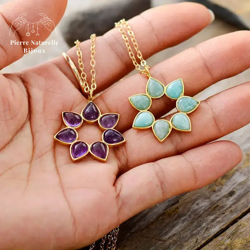 Collier "Fleur" en Améthyste / Amazonite | Colliers | pierre naturelle bijoux