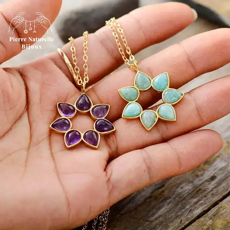 Collier "Fleur" en Améthyste / Amazonite | Colliers | pierre naturelle bijoux
