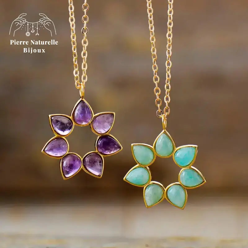 Collier "Fleur" en Améthyste / Amazonite | Colliers | pierre naturelle bijoux