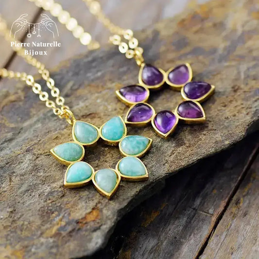 Collier "Fleur" en Améthyste / Amazonite | Colliers | pierre naturelle bijoux