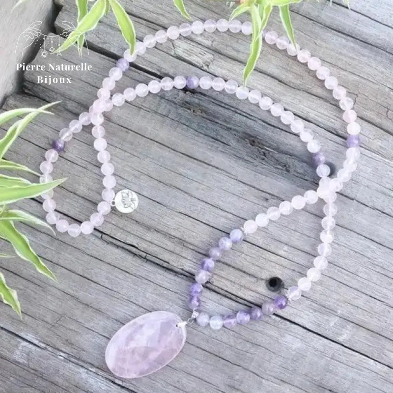 Collier "Amour" en Améthyste et Quartz rose