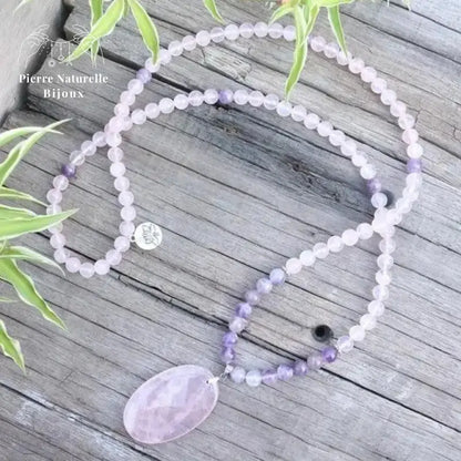 Collier "Amour" en Améthyste et Quartz rose