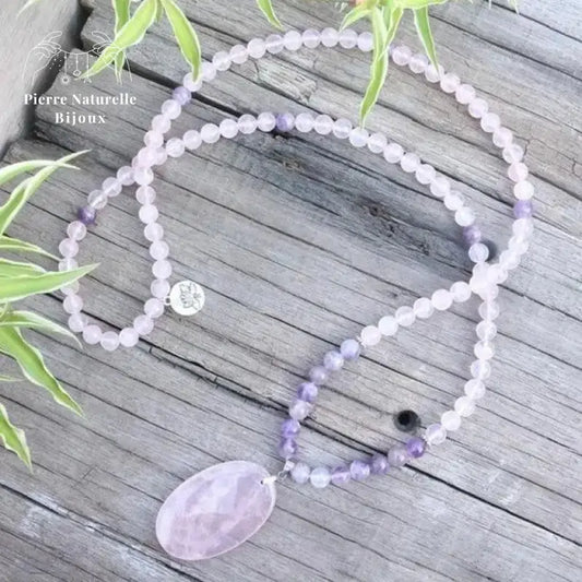 Collier "Amour" en Améthyste et Quartz rose