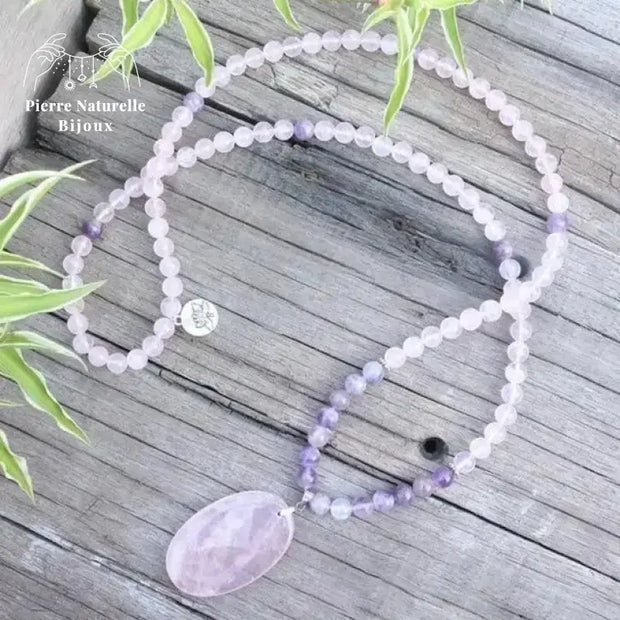 Collier "Amour" en Améthyste et Quartz rose