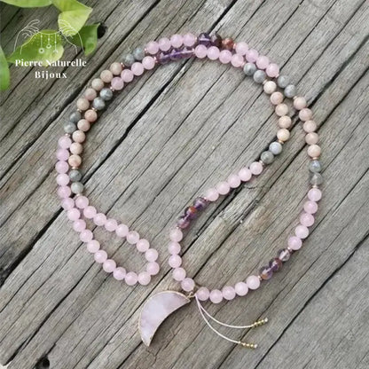 Collier "Gaieté" en Améthyste, Labradorite, Quartz rose et Pierre de soleil